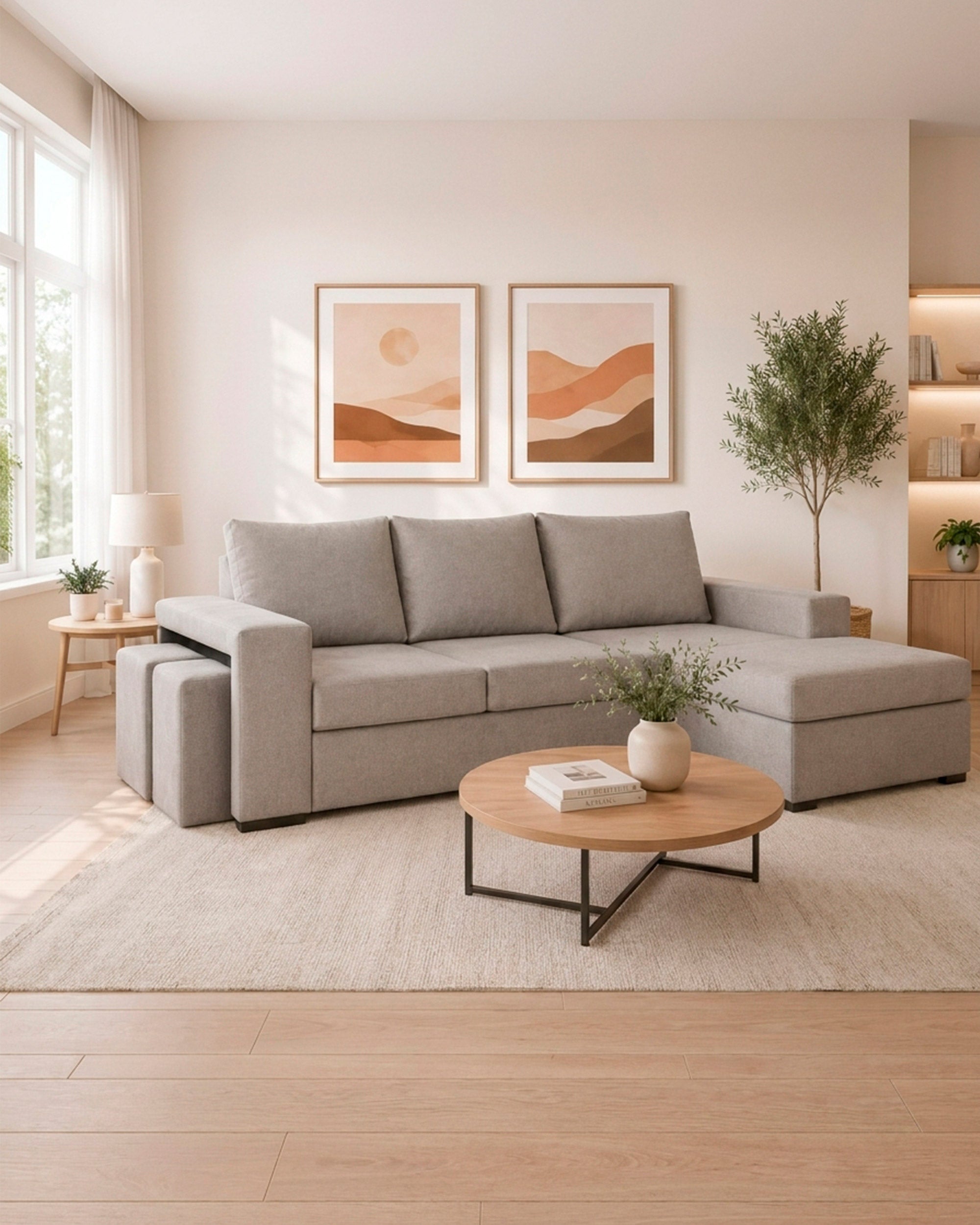 Sofá chaise lounge reversível CASTELO com puffs