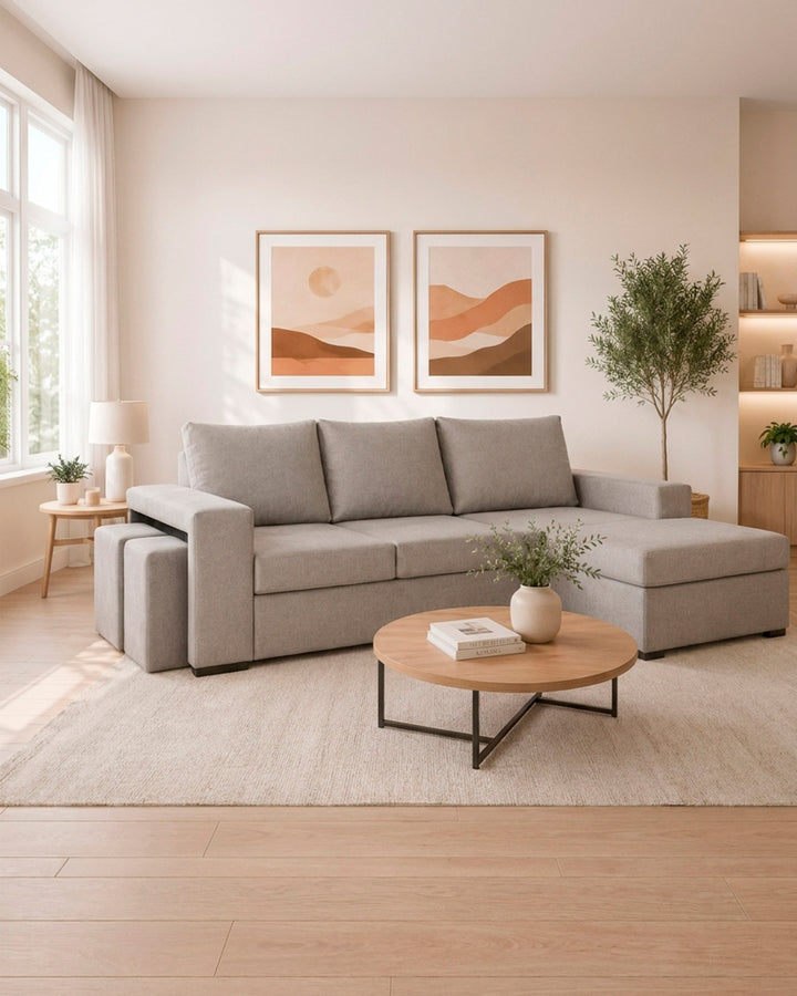 Sofá chaise lounge reversível CASTELO com puffs