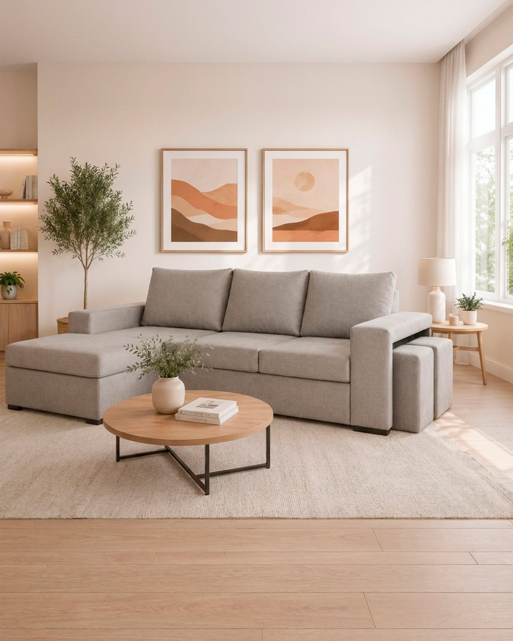 Sofá chaise lounge reversível CASTELO com puffs