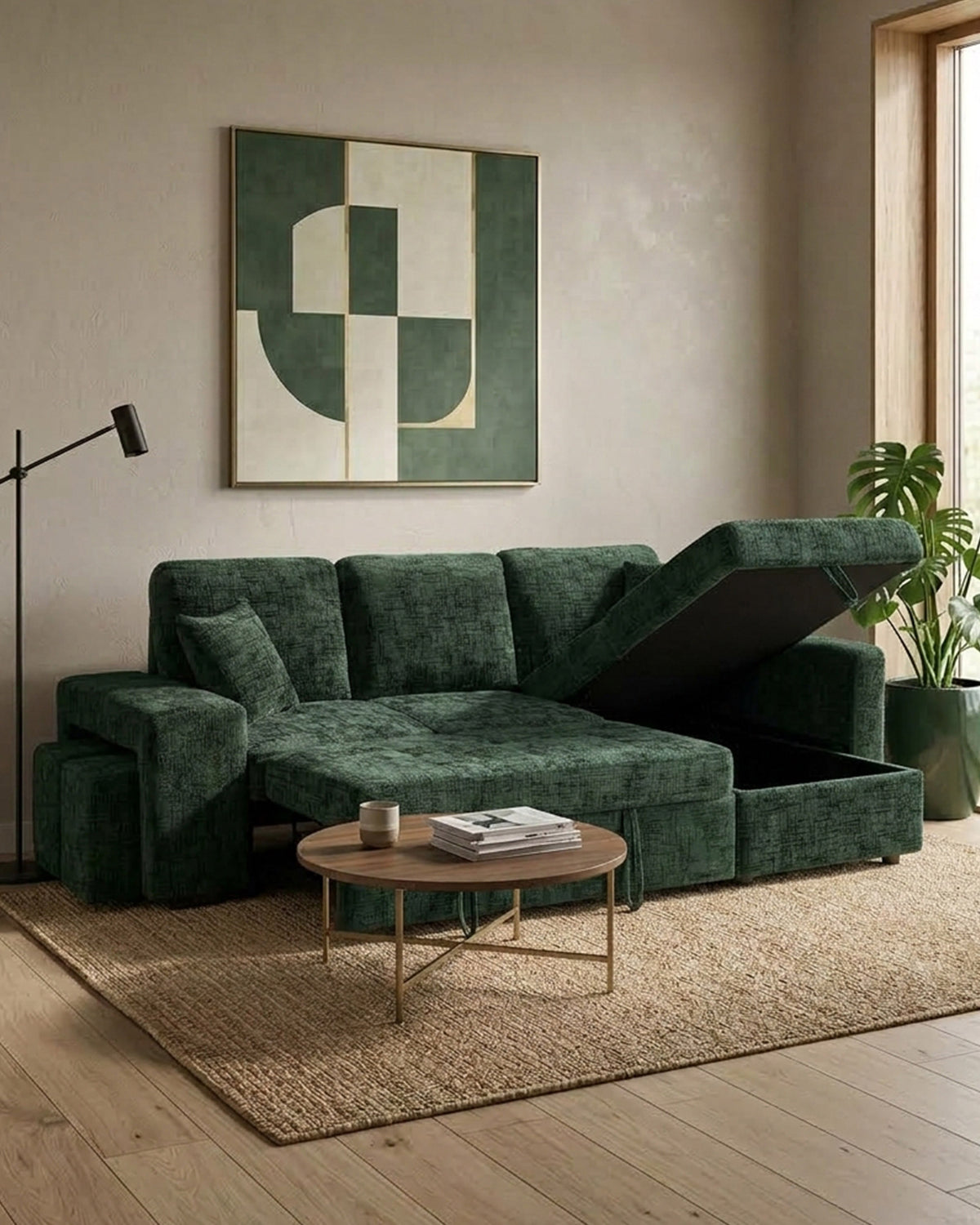 STACY II chaise longue sofa with bed, storage and ottomans