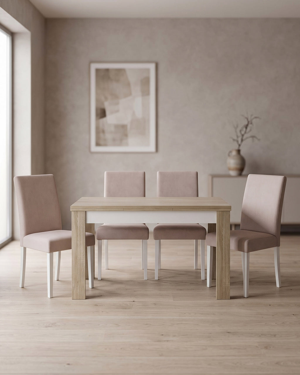 PARIS extendable table + 4 JULE chairs with embroidered backs