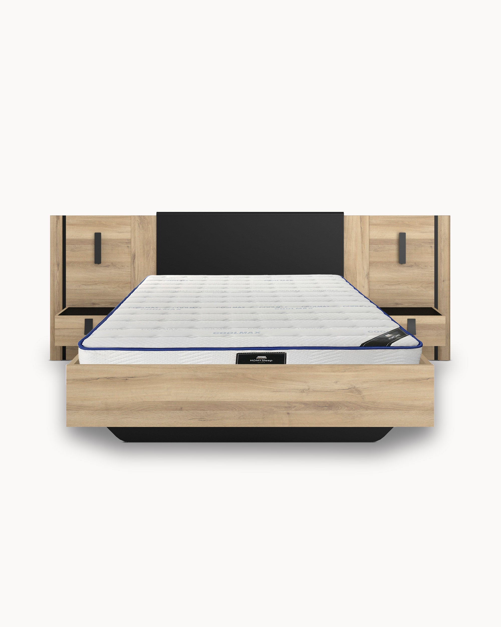 Pack Cama de casal KIERAN + Colchão HOMYSLEEP SPRING ROLLER + Cunjunto 2 Mesas de Cabeceira KIERAN