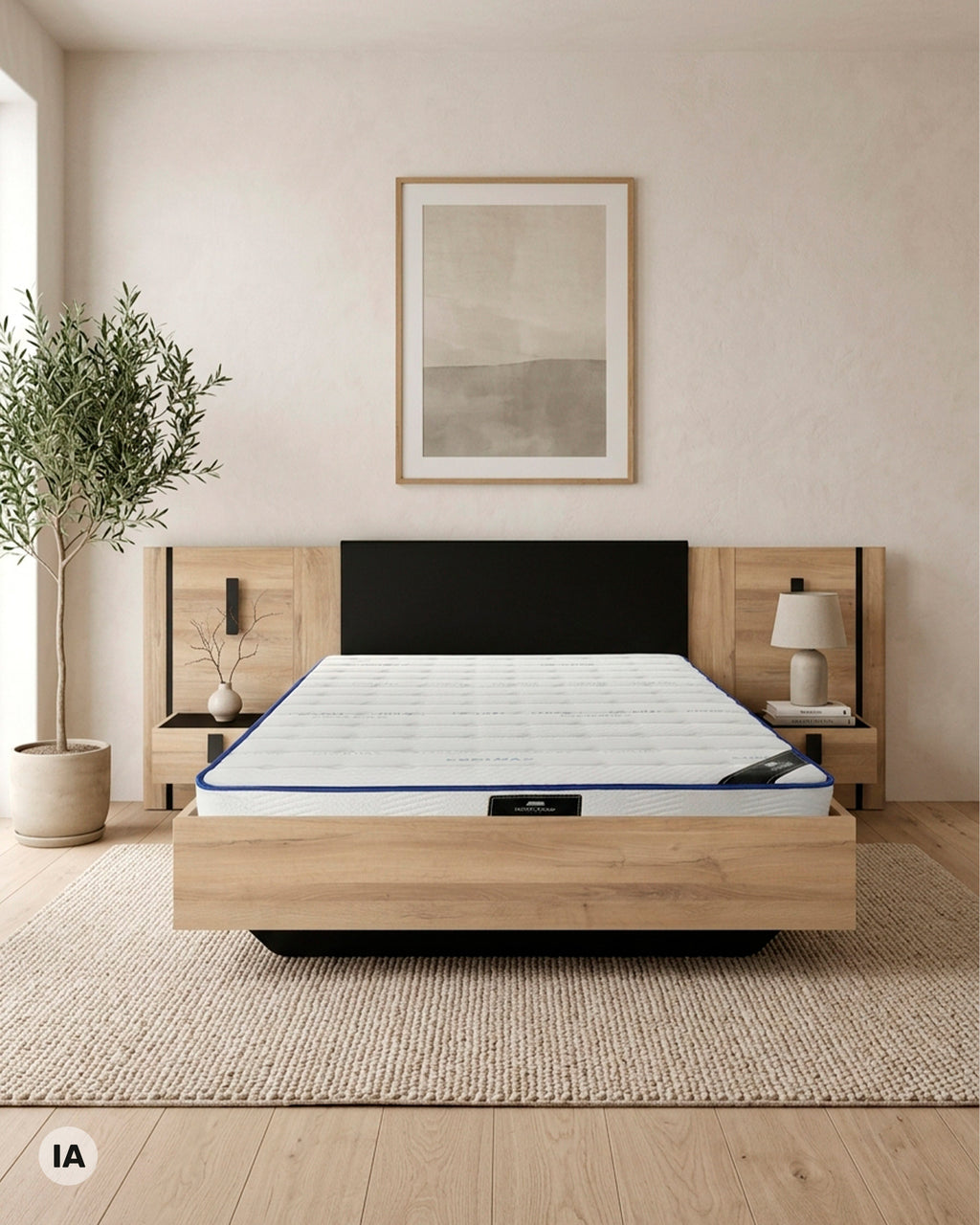 Pack Cama de casal KIERAN + Colchão HOMYSLEEP SPRING ROLLER + Cunjunto 2 Mesas de Cabeceira KIERAN