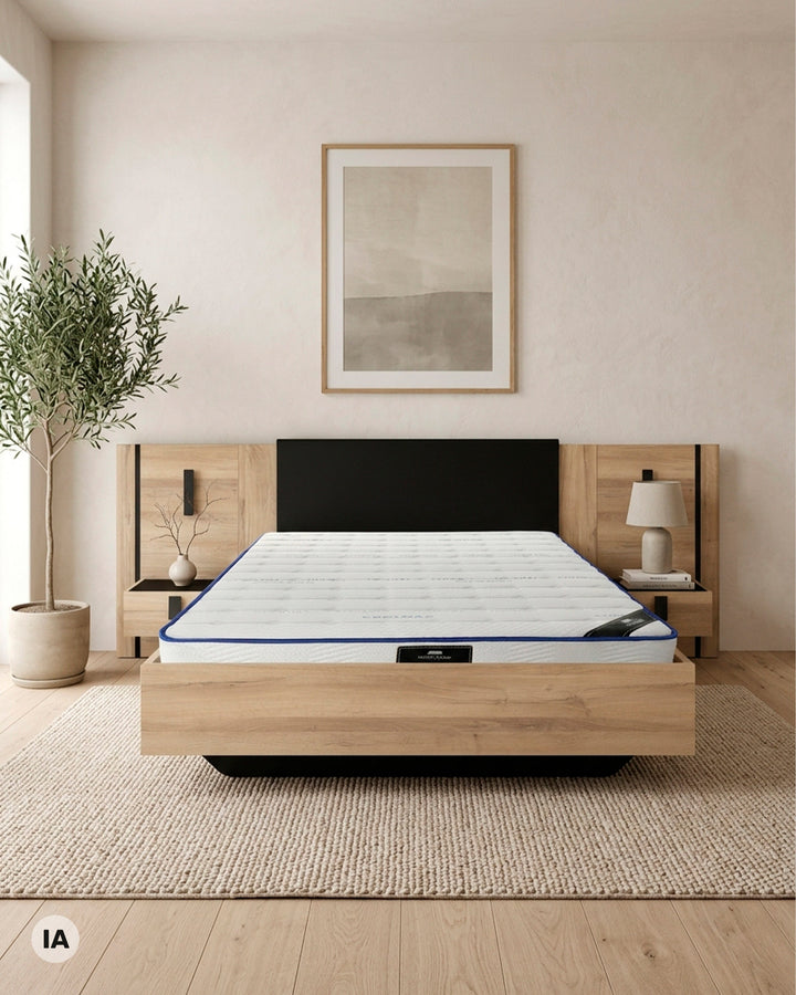 Pack Cama de casal KIERAN + Colchão HOMYSLEEP SPRING ROLLER + Cunjunto 2 Mesas de Cabeceira KIERAN