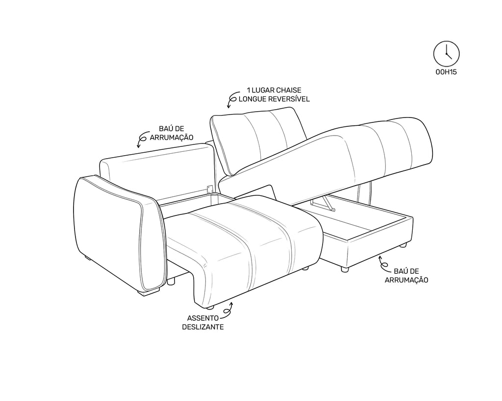 Sofá chaise longue reversível TANK com cama e baús