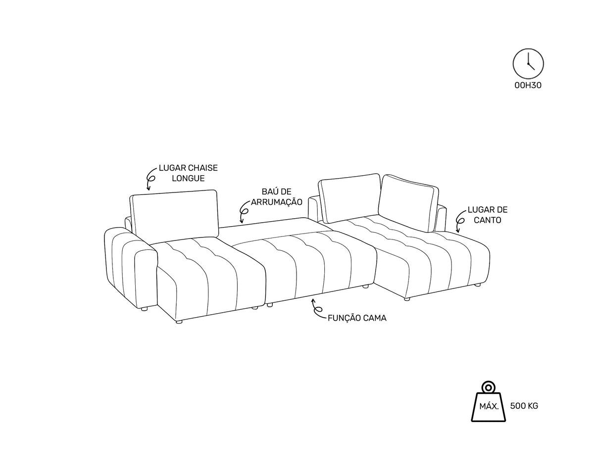 Sofá de canto BRAD com chaise longue,cama e baú