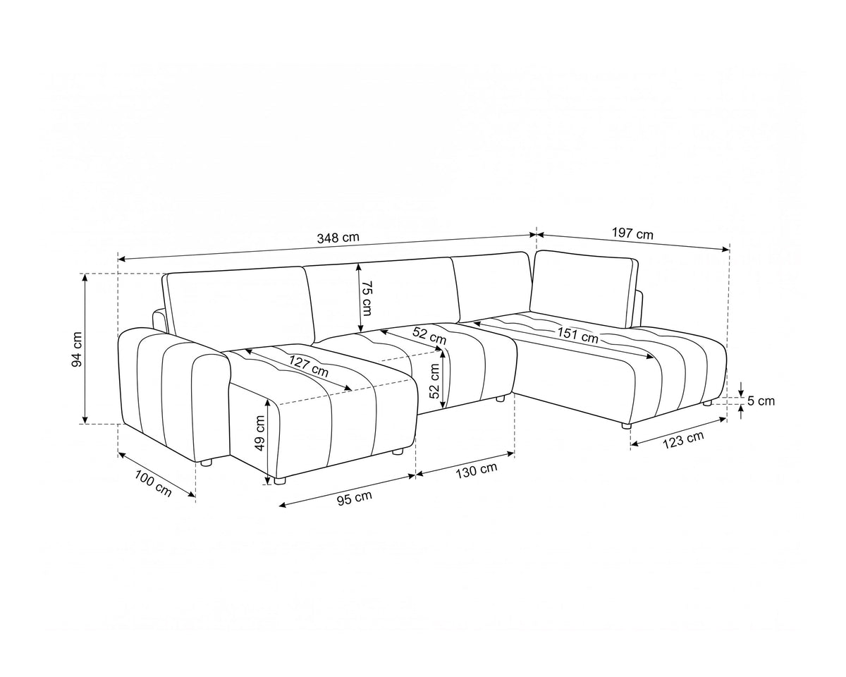 Sofá de canto BRAD com chaise longue,cama e baú