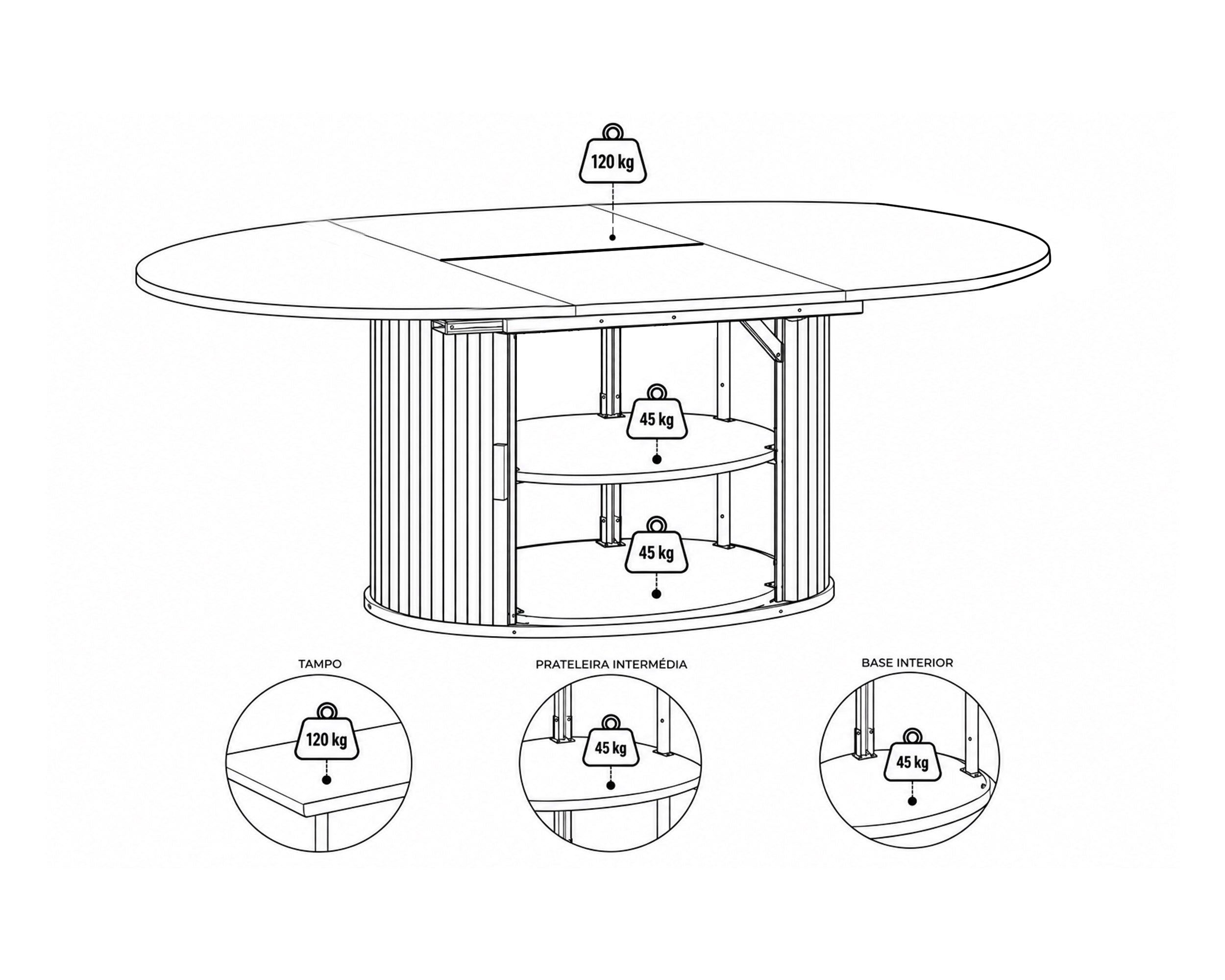 Mesa extensível GORDONIA com arrumação (120-160cm)