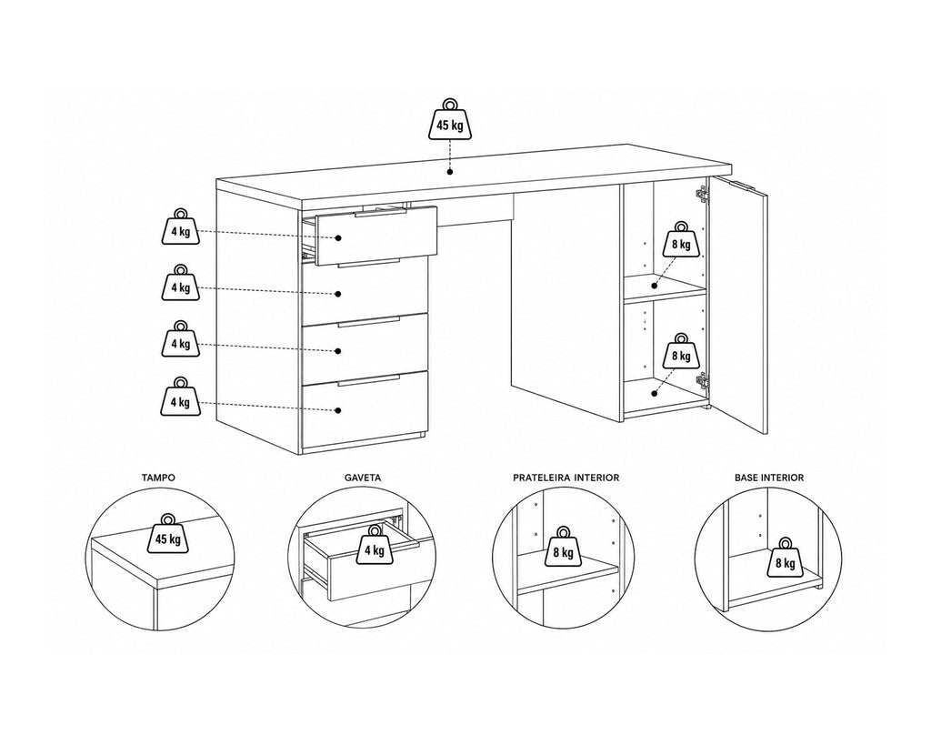 Secretária MOTION com 1 porta e 4 gavetas