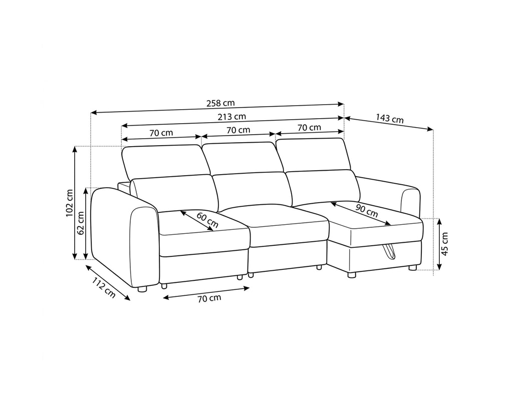 Sofá chaise longue PALAMA II com cama e baú