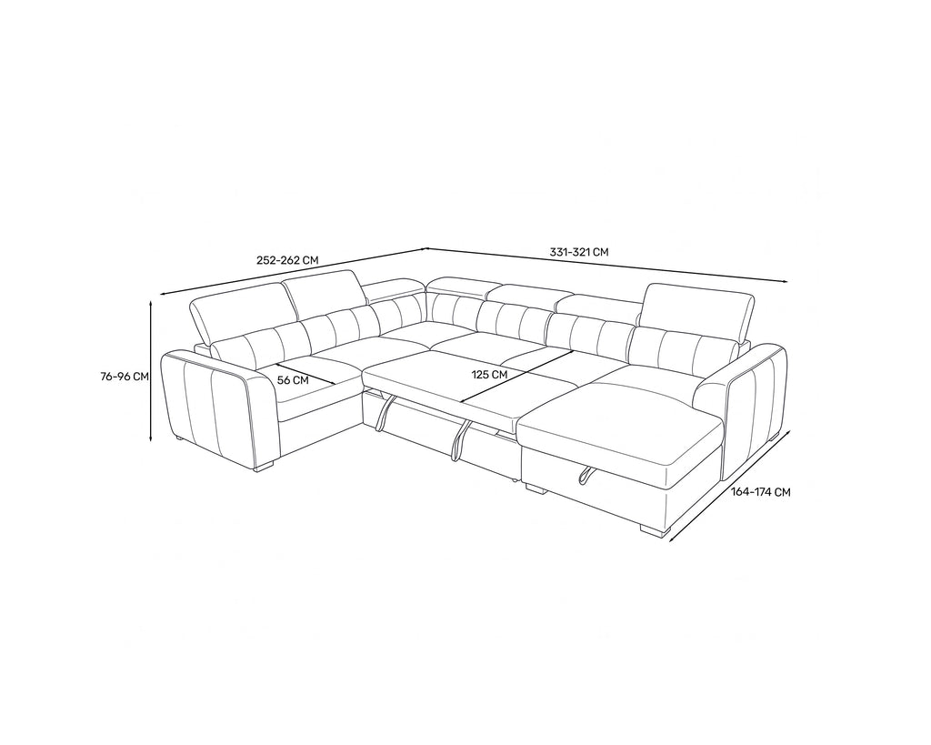 Sofá de canto VIKA com chaise longue,cama e baú