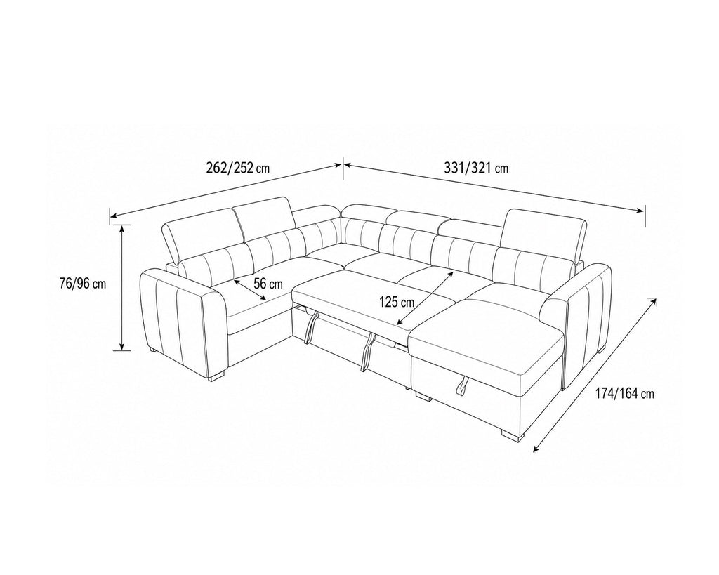Sofá de canto VIKA com chaise longue,cama e baú