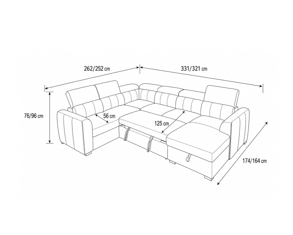 Sofá de canto VIKA com chaise longue,cama e baú