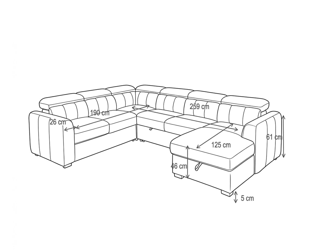 Sofá de canto VIKA com chaise longue,cama e baú