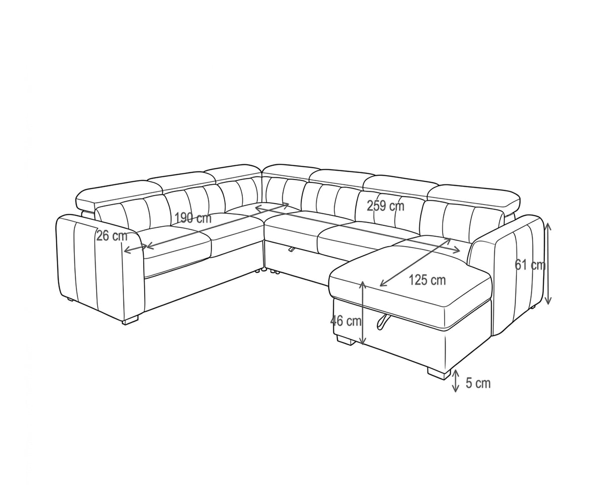 Sofá de canto VIKA com chaise longue,cama e baú