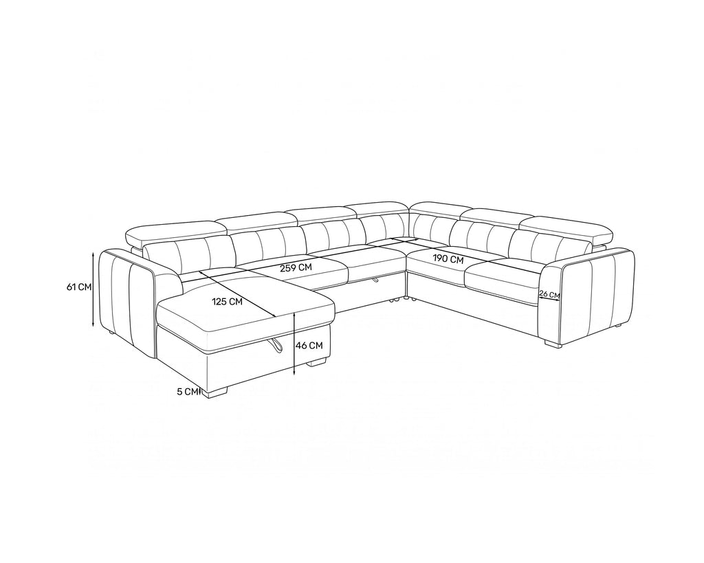 Sofá de canto VIKA com chaise longue,cama e baú