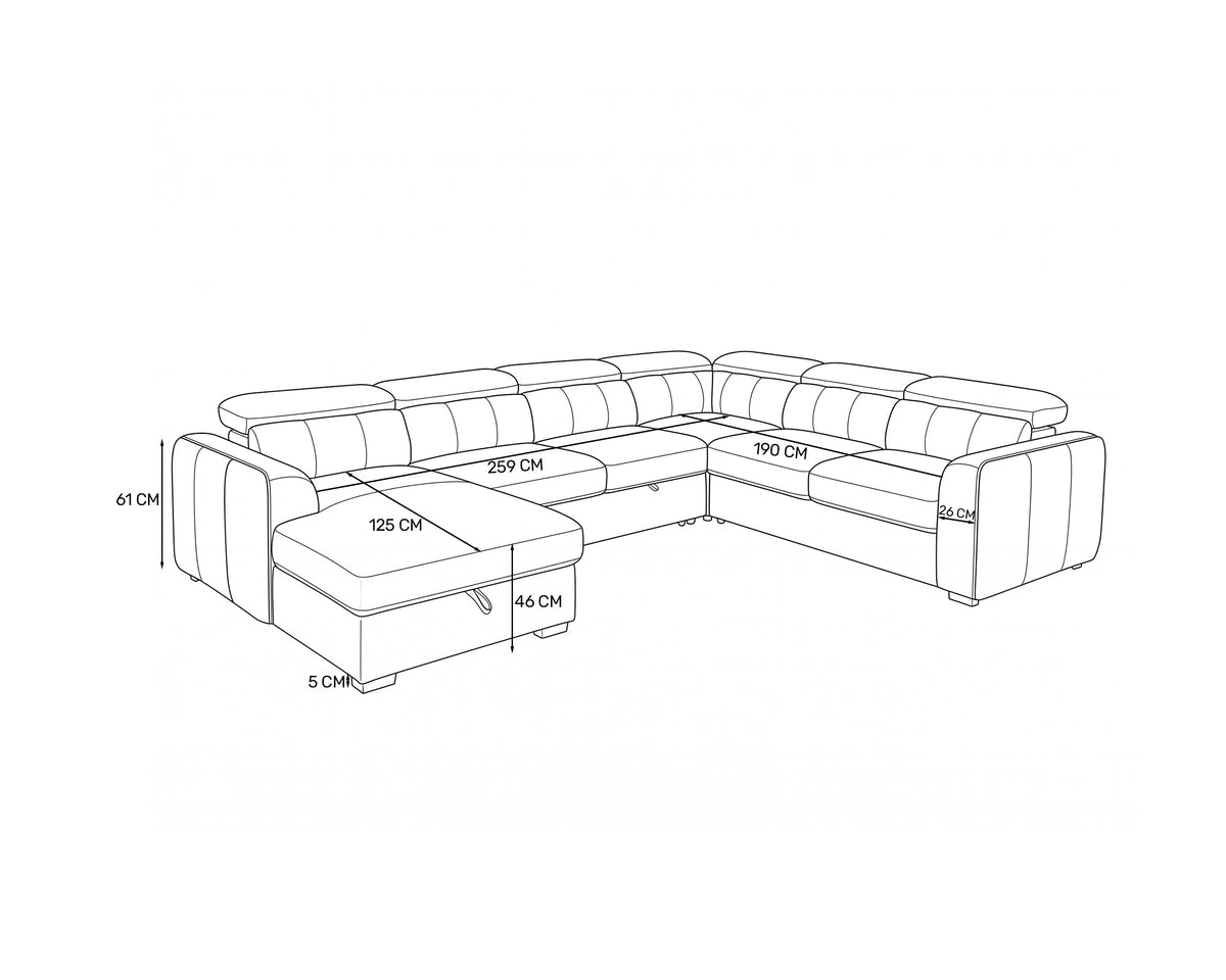 Sofá de canto VIKA com chaise longue,cama e baú