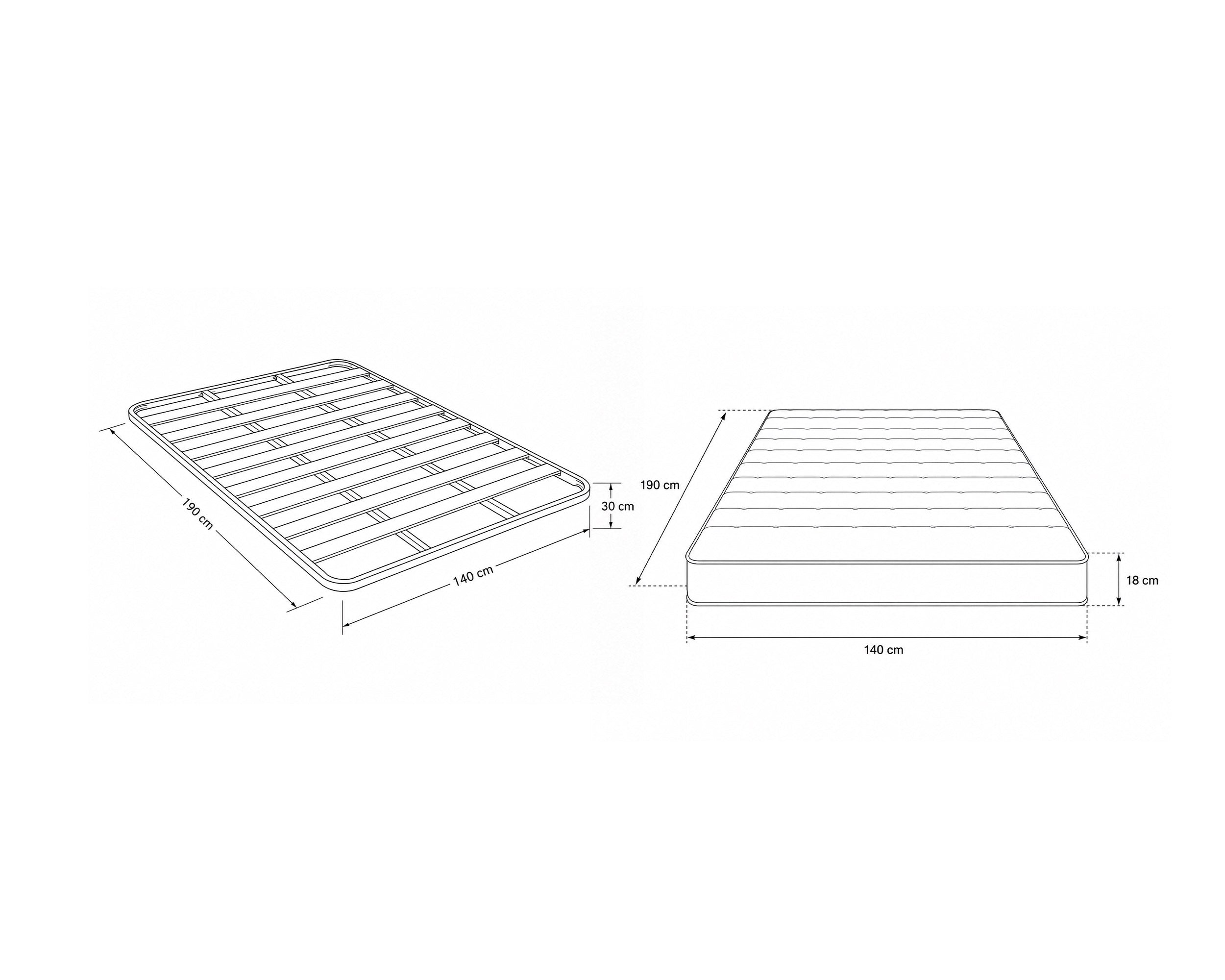 Pack Cama de casal KIERAN + Colchão HOMYSLEEP SPRING ROLLER + Cunjunto 2 Mesas de Cabeceira KIERAN