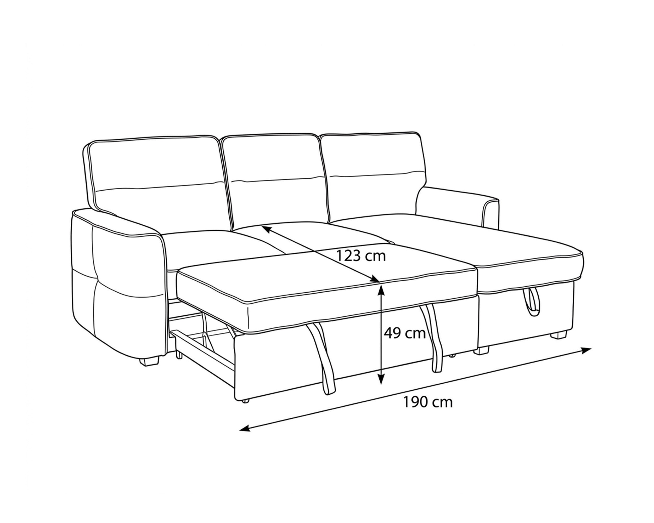 Sofá chaise lounge reversível POLINA com cama e baú